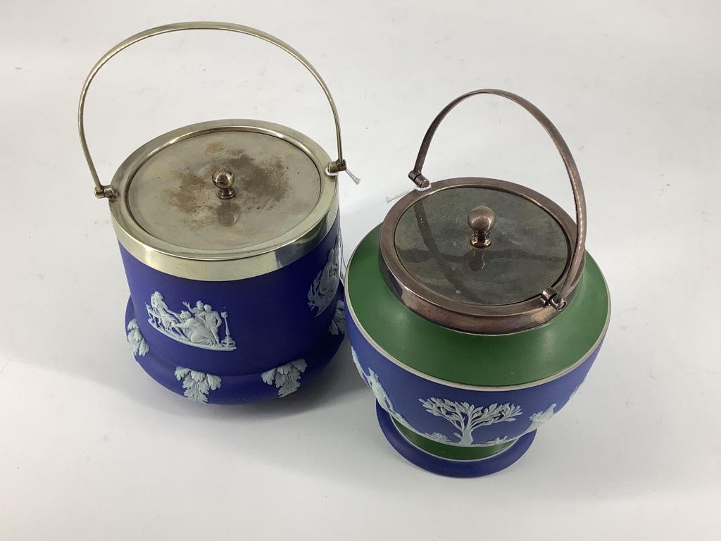 A group of 2 Wedgwood blue jasper biscuit barrels: A group of 2 Wedgwood blue jasper biscuit barrels