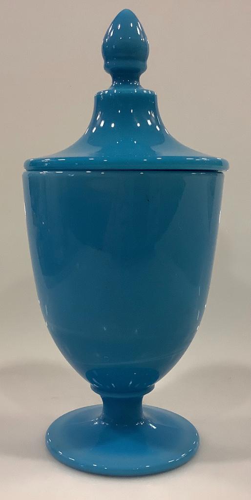 Cambridge blue opaque 10in covered candy jar: Cambridge blue opaque 10in covered candy jar