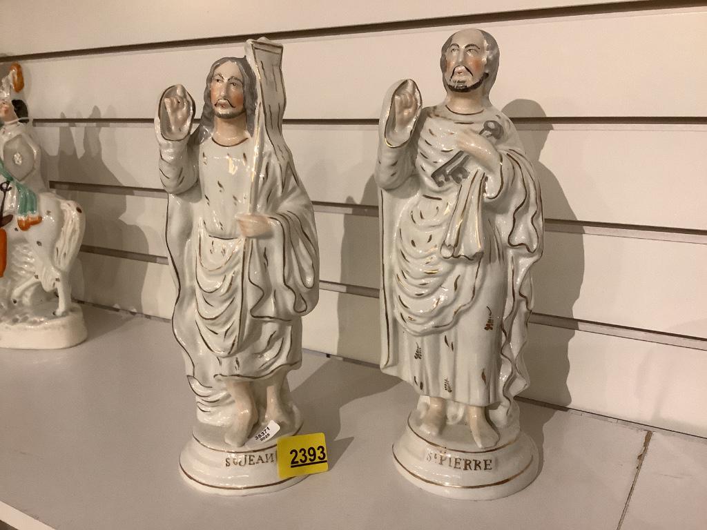 2 STAFFORDSHIRE FIGURES OF SAINTS, SAINT JEAN AND ST.: 2 STAFFORDSHIRE FIGURES OF SAINTS, SAINT JEAN AND ST. PIERRE 11" TALL