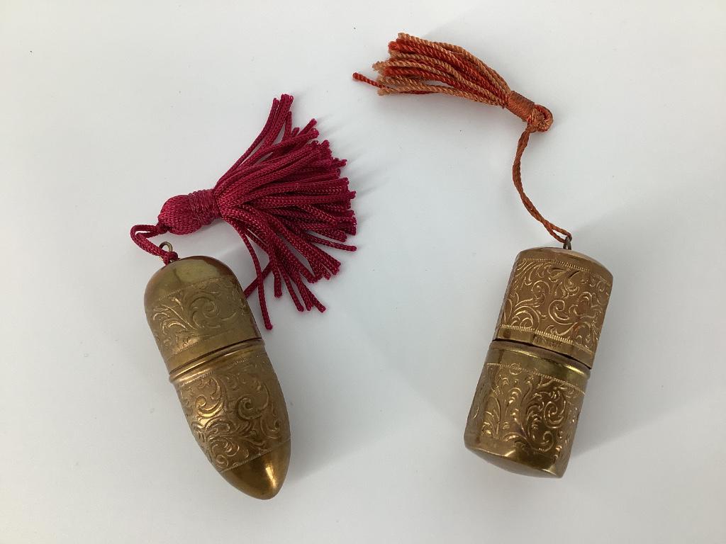 Box lot including two brass colored metal needle and: Box lot including two brass colored metal needle and thimble cases.