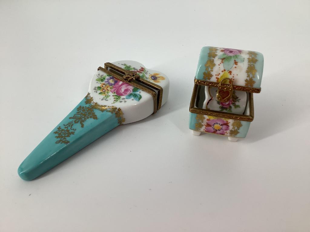 Box lot including Limoges scissor case and thimble: Box lot including Limoges scissor case and thimble case.
