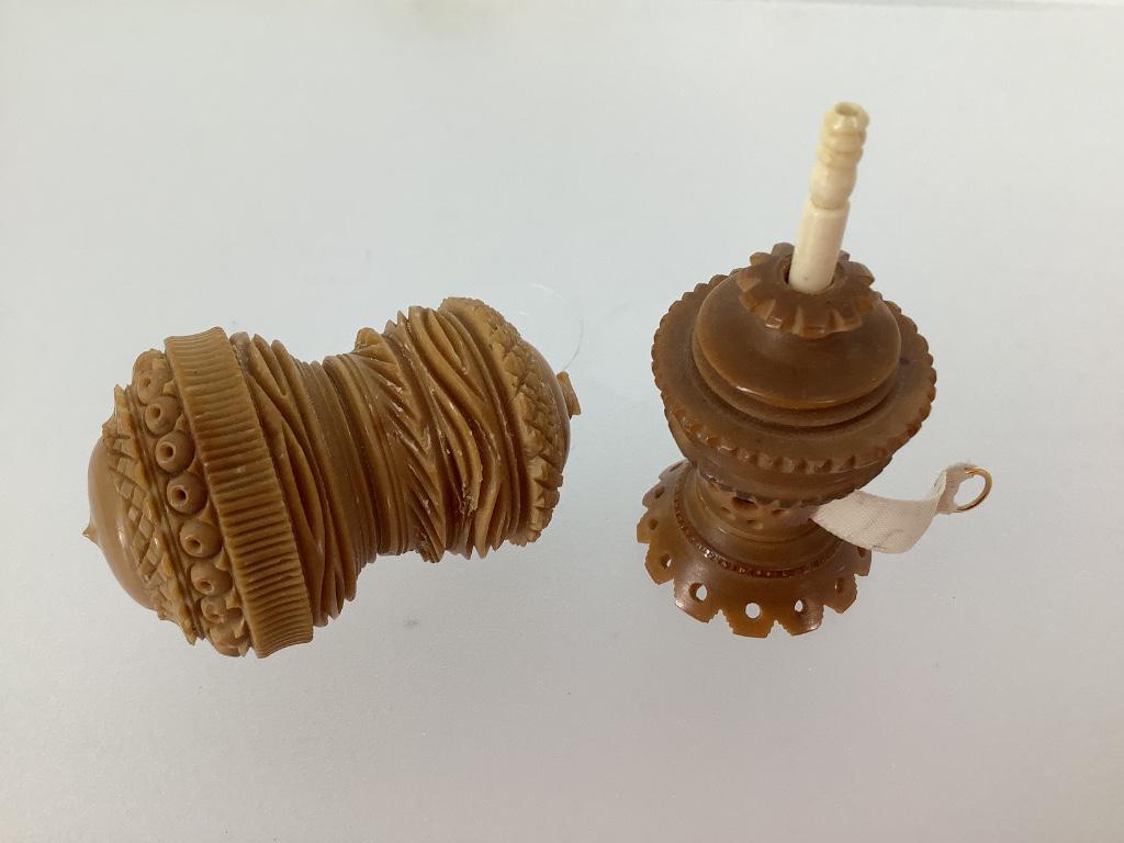 Two pieces carved vegetable ivory. A thimble case and a: Two pieces carved vegetable ivory. A thimble case and a tape measure.