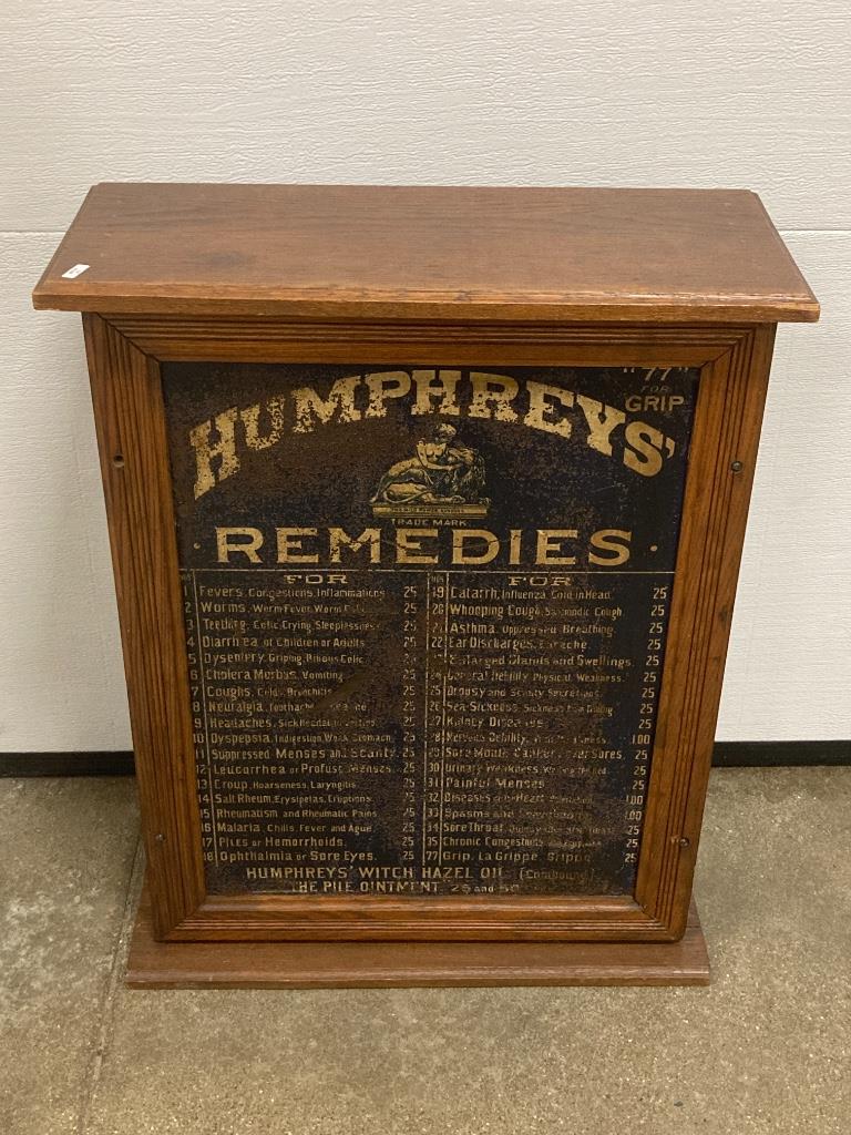 Oak and tin Humphreys Remedies cabinet, 22” x 9.5” x (1 of 2)