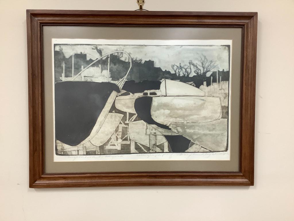 Mary Ann Wenniger , 20th century, “Neighborhood: Mary Ann Wenniger , 20th century, “Neighborhood Boatyard” collagraph proof. 24” x 18” overall. Pencil signed lower right