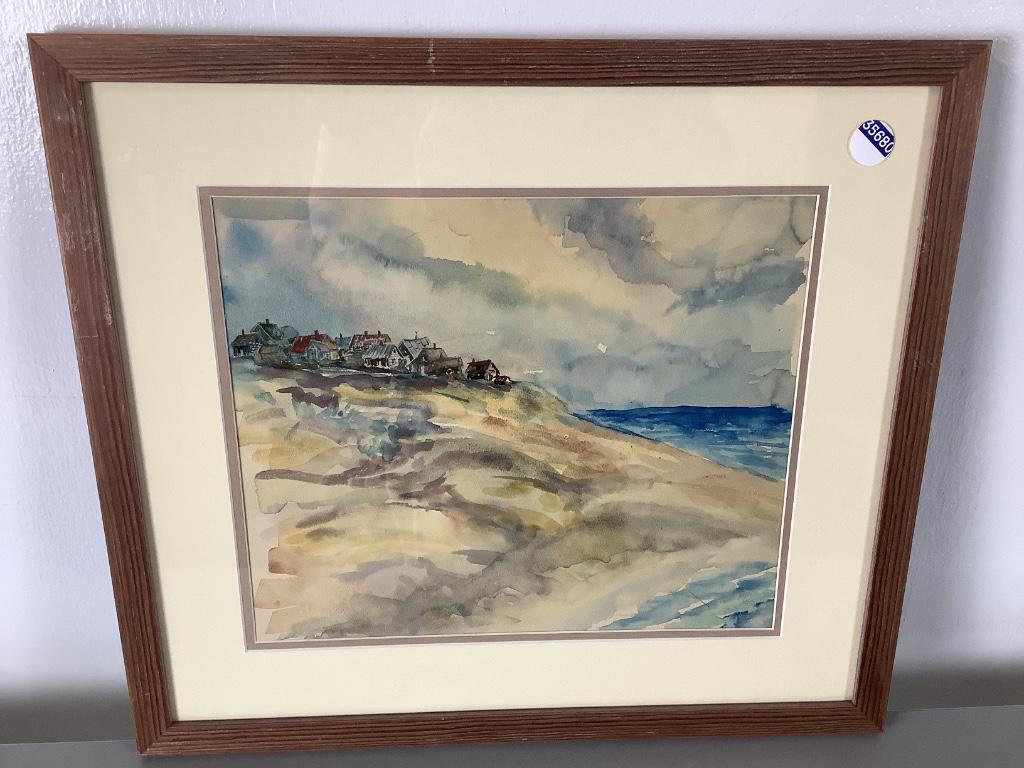 Framed watercolor painting of Oceanside houses, 18.25” (1 of 2)