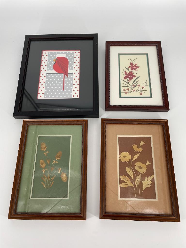 Lot framed art including wood and Charley Harper card: Lot framed art including wood and Charley Harper card