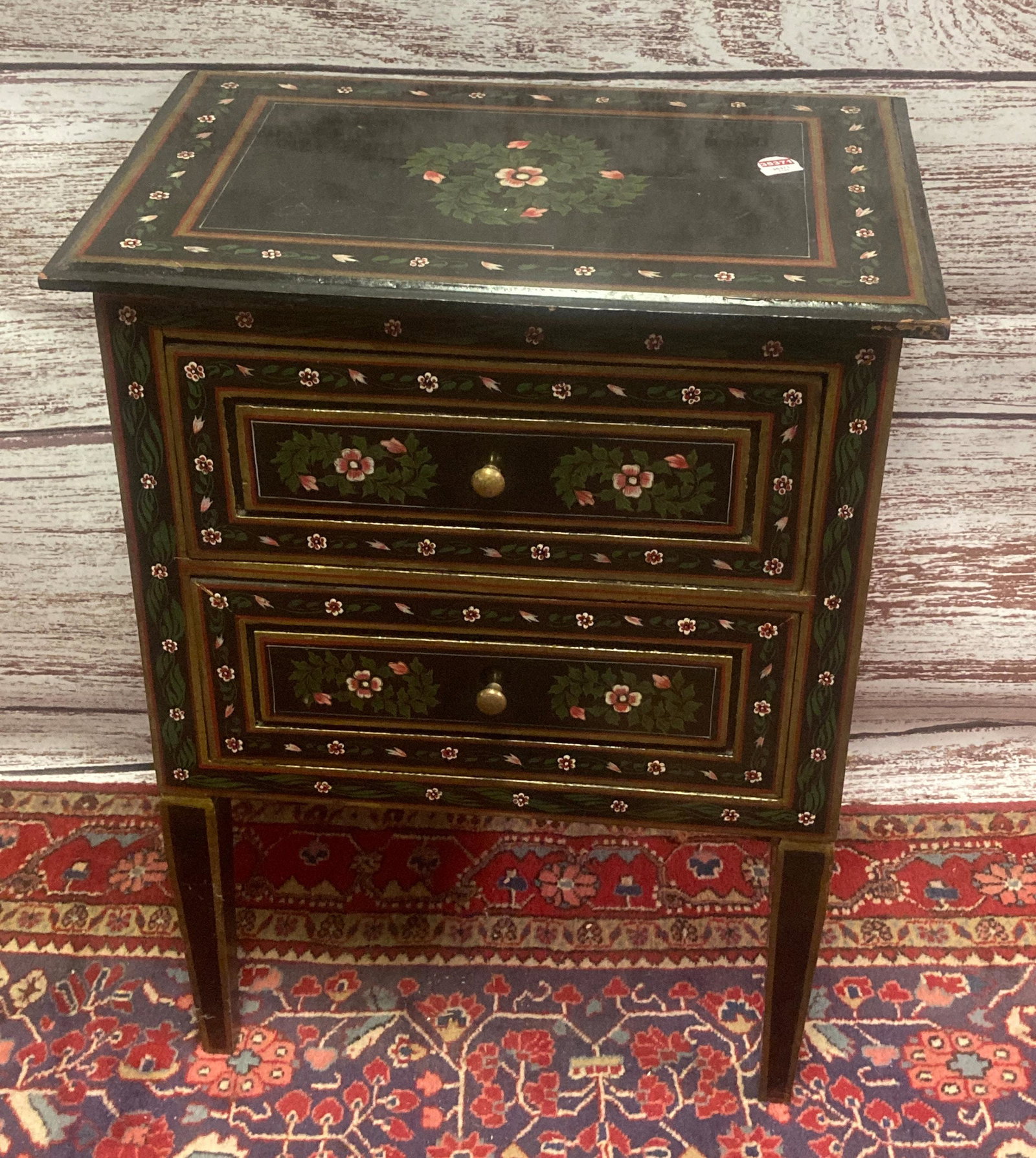 BLACK LACQUER DECORATED 2 DRAWER STAND 19" X 25"H: BLACK LACQUER DECORATED 2 DRAWER STAND 19" X 25"H