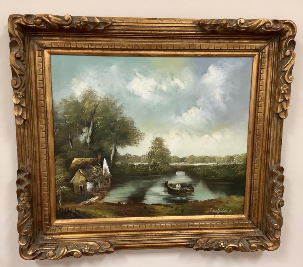 Oil on canvas, river scene with boat. Signed lower (1 of 3)