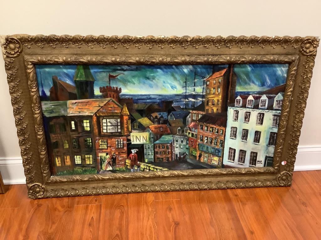 Dave Smith oil on board, colonial scene. 30” x 51” (1 of 2)
