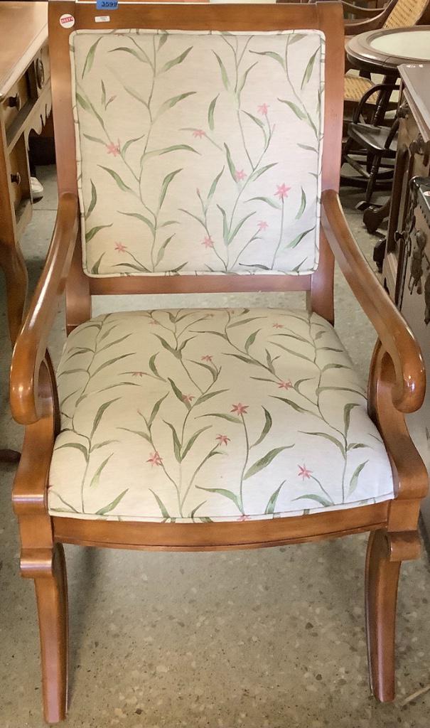 EARLY 20TH CENTURY OPEN ARM CHAIR WITH BOTONICAL: EARLY 20TH CENTURY OPEN ARM CHAIR WITH BOTONICAL UPHOLSTERY. 41" TALL