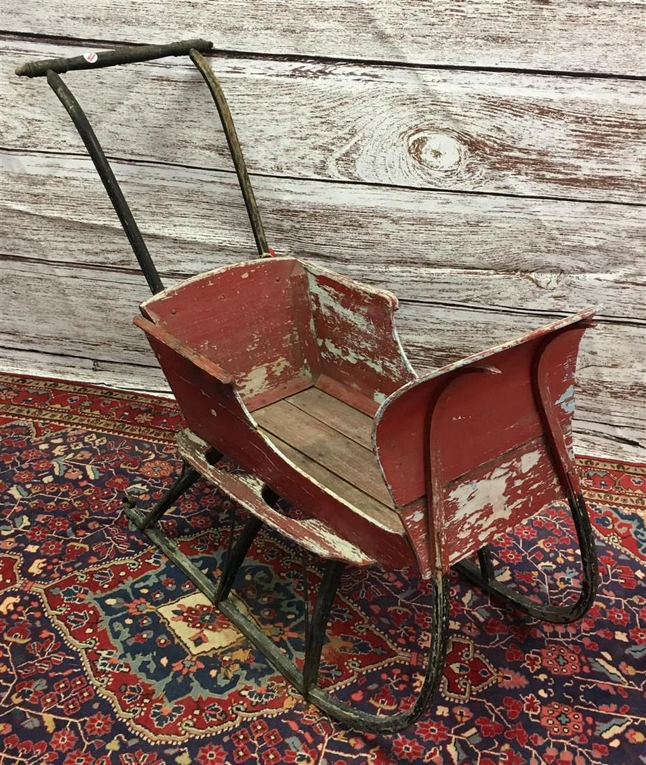 EARLY CHILDS PUSH SLEIGH WITH OLD RED PAINT 39" LONG (1 of 1)