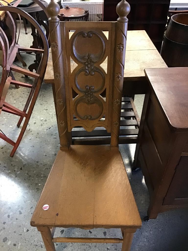 Oak decorated chair, 44” tall and stand with 2 doors (1 of 2)