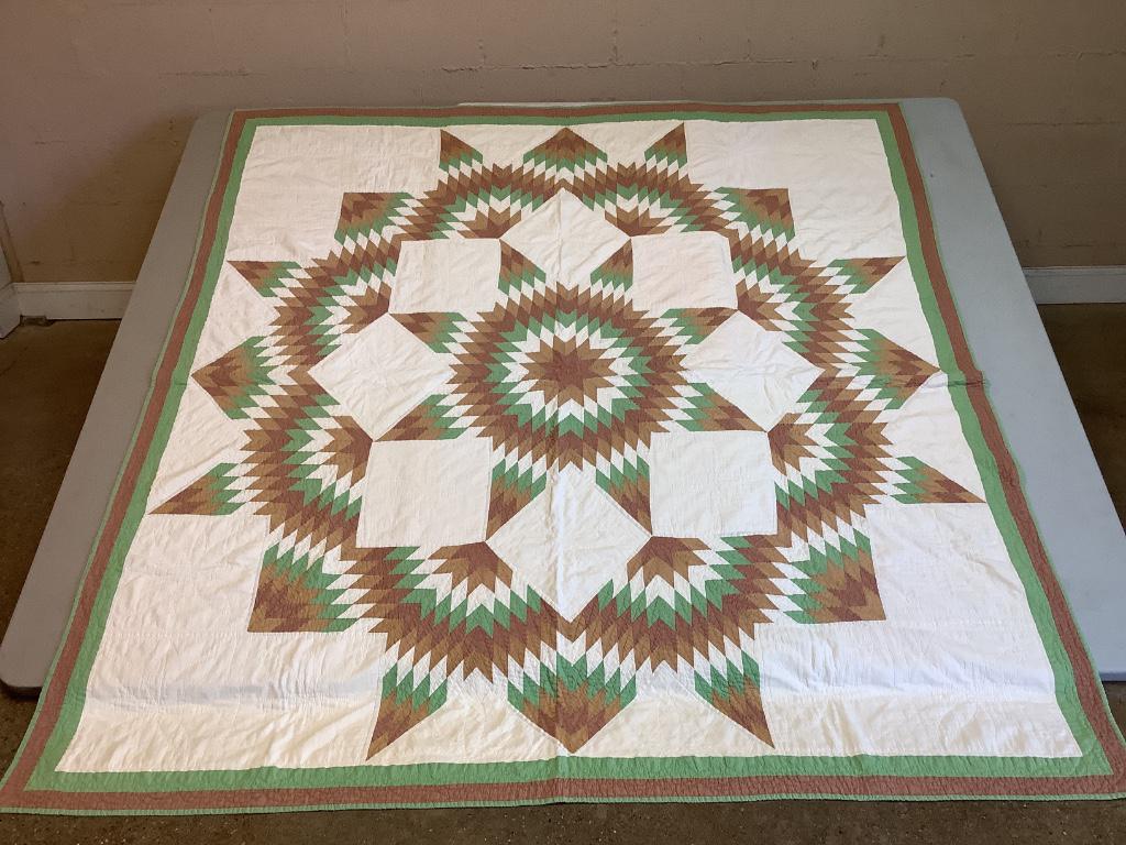 Compass pointe quilt. 78" x 82". Read staining in one: Compass pointe quilt. 78" x 82". Read staining in one square.