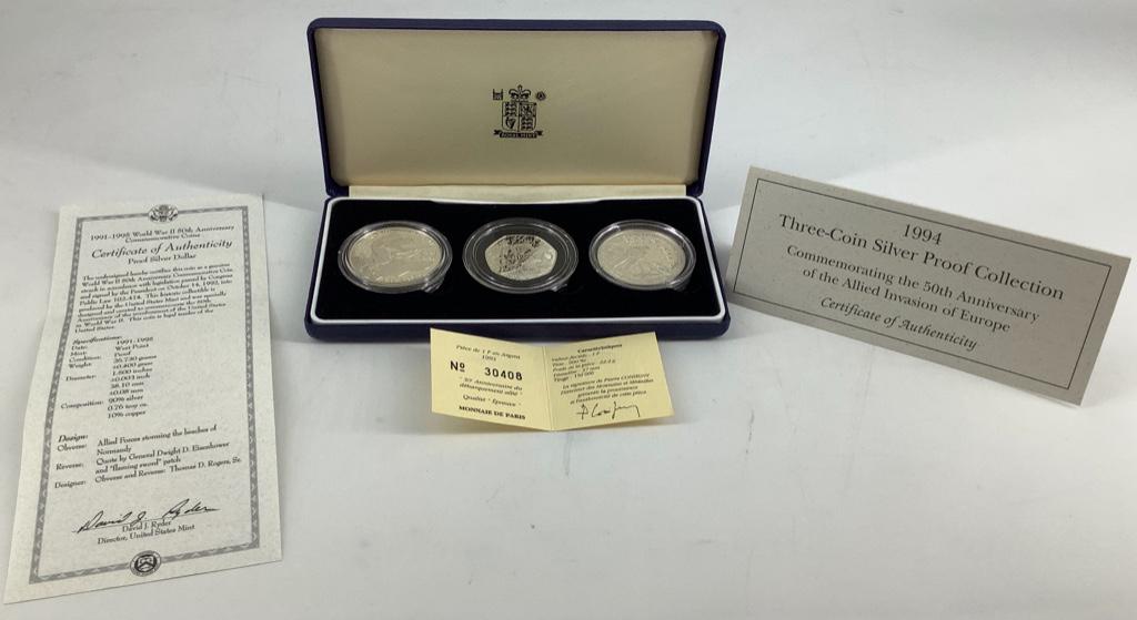 1994 Royal Mint 50th Anniversary of the Allied Invasion: 1994 Royal Mint 50th Anniversary of the Allied Invasion of Europe Three Coin Set With COAs from France, the UK and the USA. 90% (x2) and sterling silver (92.5%) silver proof coins in fifty pence, one 