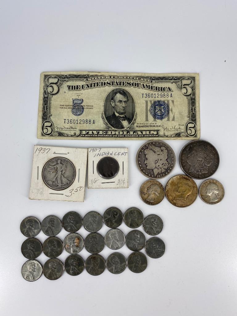 Lot of Assorted U.S. Coins and Bill: Lot of Assorted U.S. Coins and Bill Lot includes: $5.00 silver certificate series 1934D (numbered T36012988A), two 90% silver Washington quarters, 1968 40% silver kennedy half dollar, 1937 Walking Lib