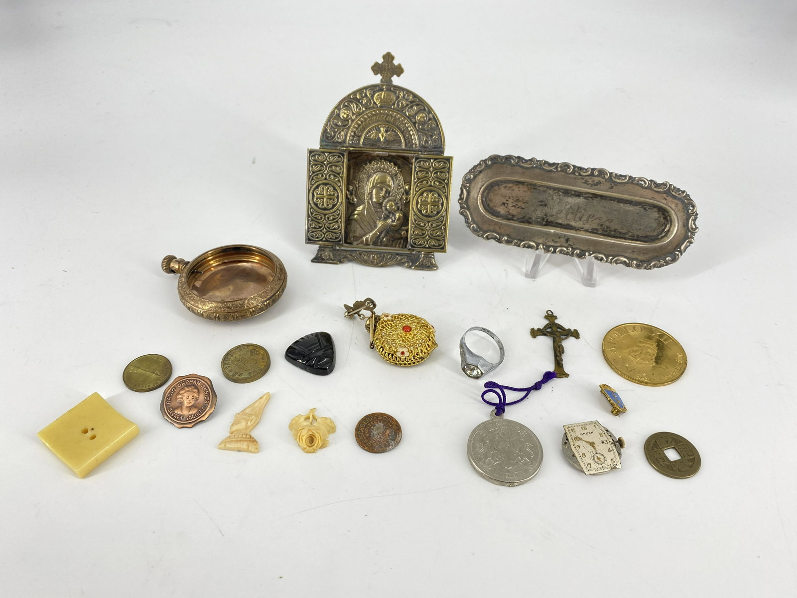 Lot of Miscellaneous Accessories and Tokens: Lot of Miscellaneous Accessories and Tokens 4.75" shallow sterling silver tray with name engraving (stamped and tested 925/0.925 troy ounces tw.). 4.25" catholic decoration with working doors (base me