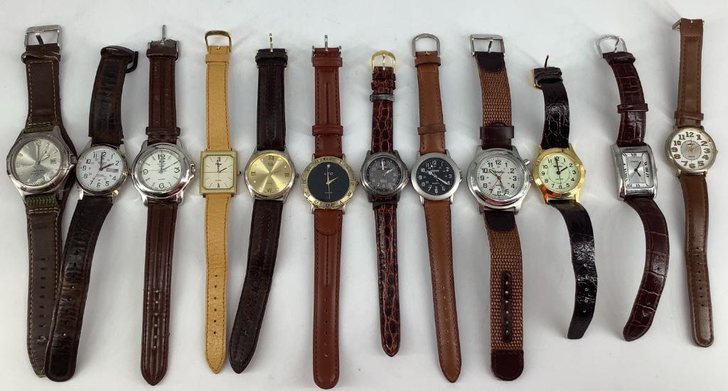 Box Lot Of Wrist Watches: Box Lot Of Wrist Watches 12 in total, with makers including Moulen, Timenet, Daniel Richard, Versales, Money, LTD, Timex, Sharp & More. Several watches have leather bands and or styled leather type ba
