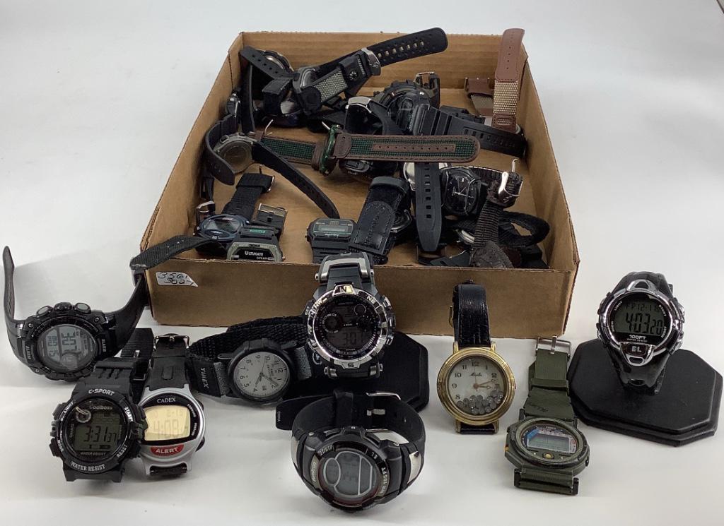 Box Lot Of Wrist Watches: Box Lot Of Wrist Watches Dozens of wrist watches with designers including Casio, Coolboss, Forester, Armitron, Timex, Brigthtime, Coleman, Relic, Cadex & more. Most are sporting watches with alarm and