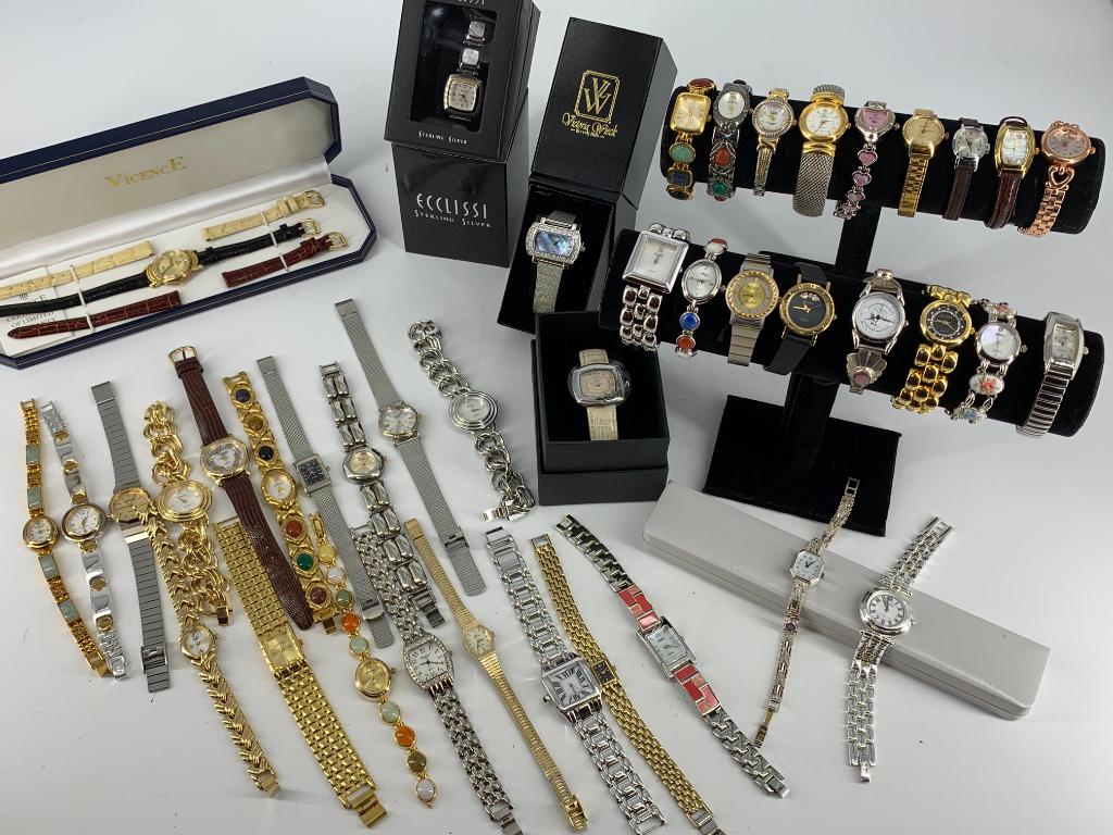 Box Lot of Wrist Watches including New Old Stock Styles: Box Lot of Wrist Watches including New Old Stock Styles New old stock watches from Ecclissi, Victoria Wieck, Geneva and Vicence. Vicence wrist watch has 14kt yellow gold case and interchangeable leath