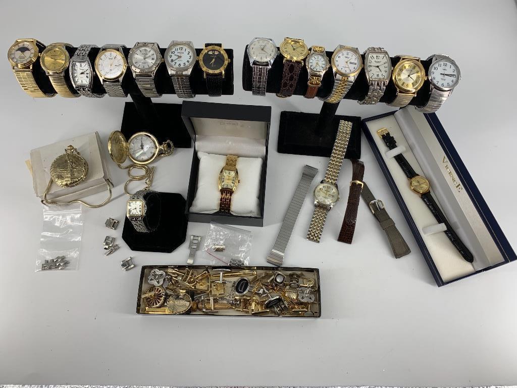 Box Lot of Wrist and Pocket Watches: Box Lot of Wrist and Pocket Watches Styles from Caravelle, Armitron, Steel by Design, Adolfo, Futura, Timex, Seiko and more. New old stock watch from Vicence with 14kt yellow gold case and quartz move