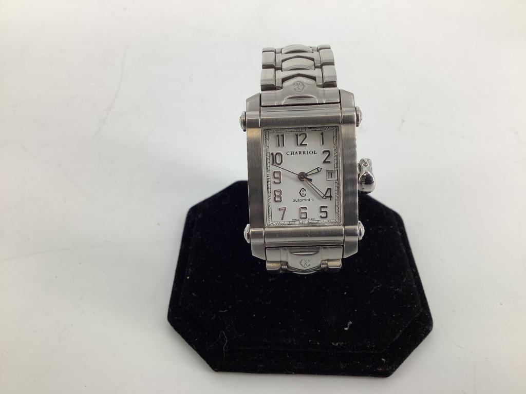 Charriol Wrist Watch: Charriol Wrist Watch Winds and runs at time of listing, automatic movement (swiss made), numbered 001291, stainless steel case and band, fold-over clasp closure, face measures 17.75mm x 23.25mm in siz