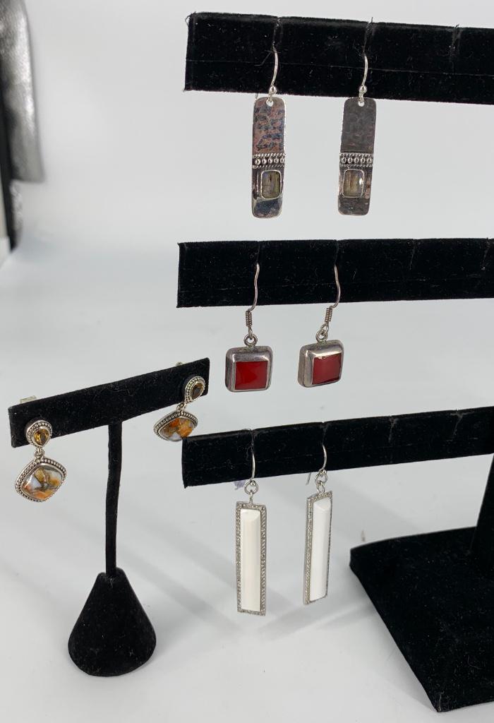 Four Pair Sterling Earrings: Four Pair Sterling Earrings Semi-precious stones including labradorite, citrine, and spiny oyster "stones" among others. Pierced styles. 1.24 troy ounces total weight, stamped and tested 925, 1" - 2.5