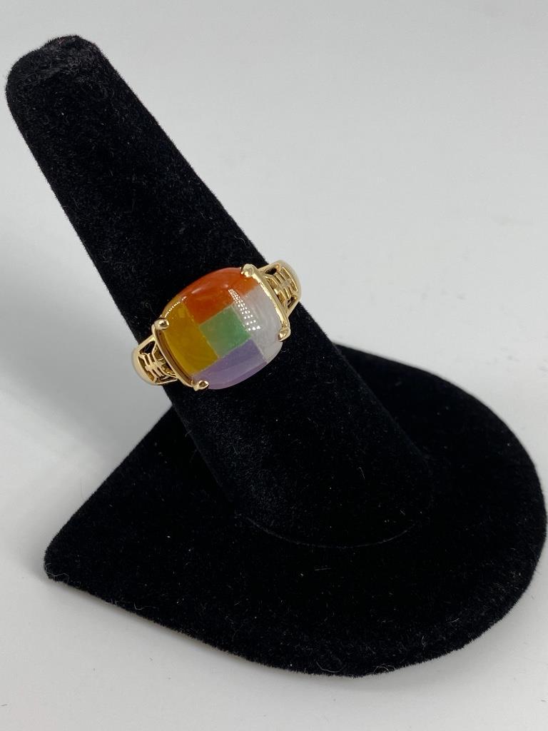 14kt Yellow Gold Ring With Multi-Colored Semi-Precious: 14kt Yellow Gold Ring With Multi-Colored Semi-Precious Stone Inlay Size 8, tapered shank ring featuring a 11.7mm wide center Stone composed of dyed semi-precious stones including colors of purple, gre