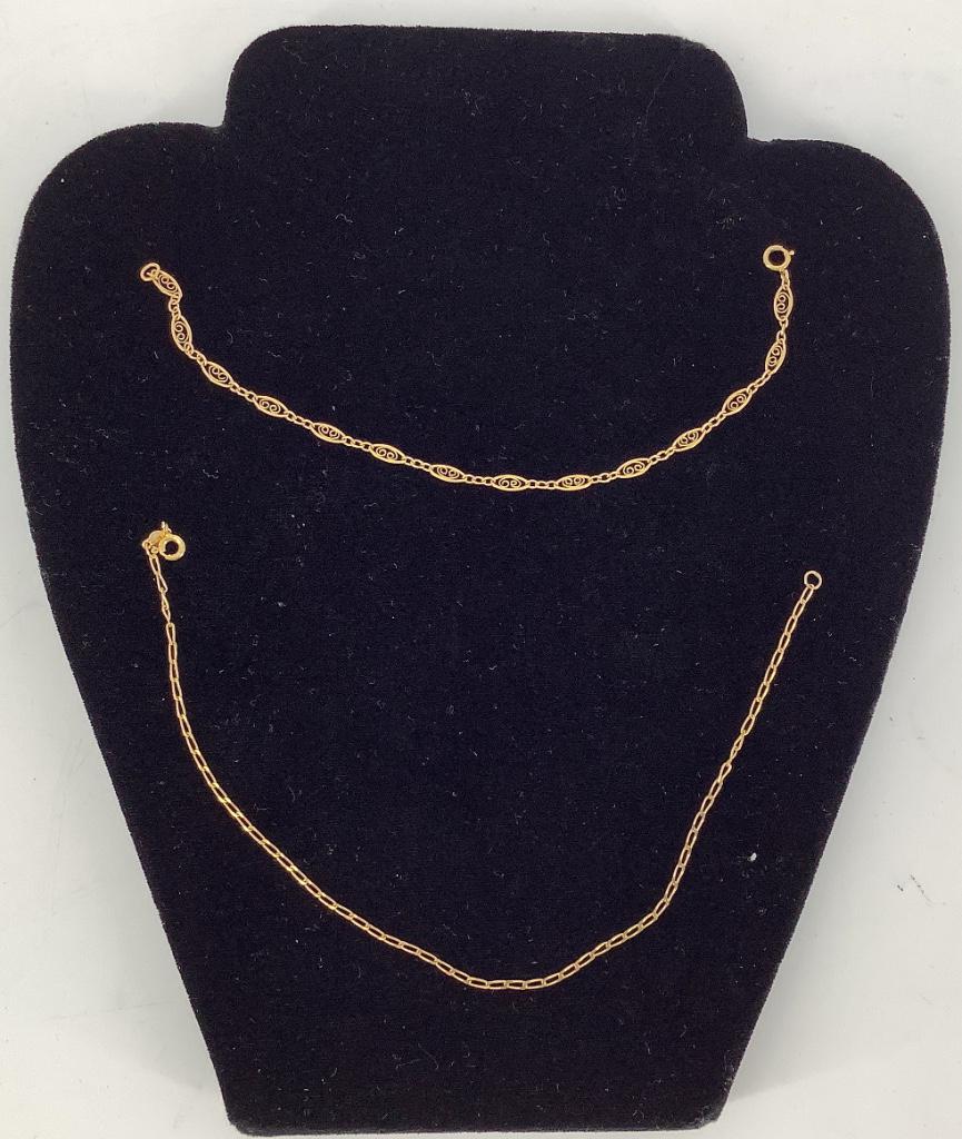 Two Gold Chains: Two Gold Chains Stamped and tested 14kt yellow gold, 7" bracelet with openwork links ft. heart-shaped wire inlay and spring ring clasp, Italian made simple link chain anklet with polished metal finish