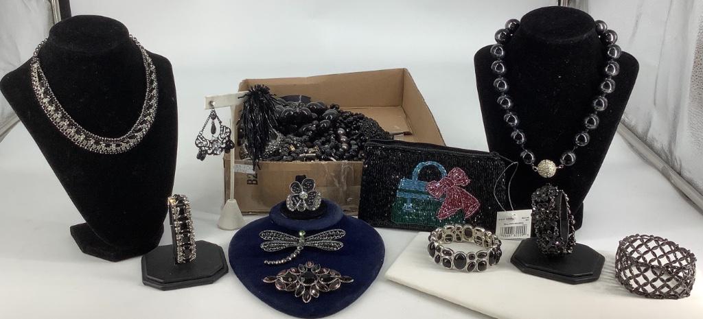 Black and Silver Tone Costume + Fashion Jewelry: Black and Silver Tone Costume + Fashion Jewelry Seed bead zippered pouch with purse design, oversized plastic bead statement pieces, hinged cuff and several stretch bracelet, miscellaneous clips, open