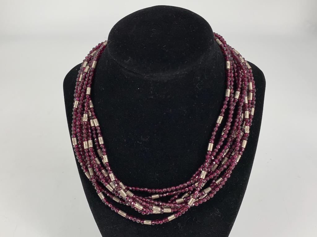 Rhodolite Garnet Multi-Strand Necklace: Rhodolite Garnet Multi-Strand Necklace Silver tone base metal hardware, 3.6mm - 3.8mm stone beads with alternating metal links ft. embossed floral design, unknown maker, likely vintage age.