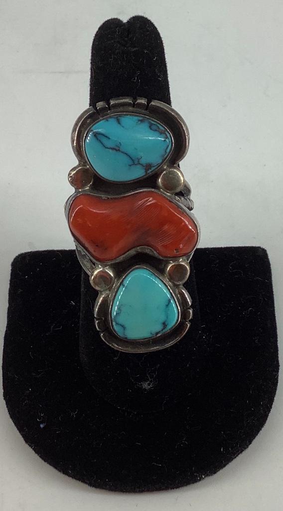 Native American Made Southwestern Ring: Native American Made Southwestern Ring Sterling silver (stamped and tested), size 8 split shank with rope style accents, 0.725 troy ounces total weight, signed Orville Tsinnie (made in New Mexico), 43