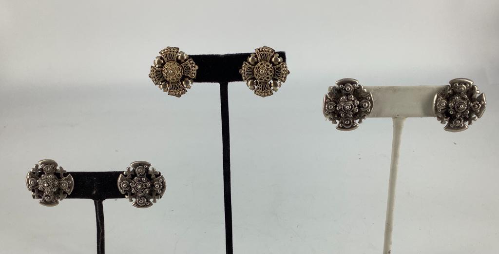Silver and Gold over Silver Earrings: Silver and Gold over Silver Earrings Matched designs measuring 24mm in diameter, lever back closures, 900 grade silver, one pair gold plate over 900 silver, vintage age, unsigned, greek cross design w