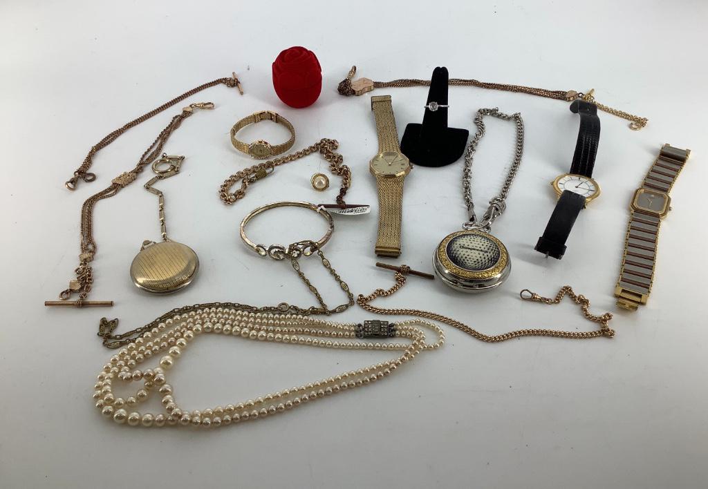 Miscellaneous Jewelry + Accessories: Miscellaneous Jewelry + Accessories Faux pearl strand necklace. Modern wrist and pocket watches from Noblia, Geneva, Seiko and Accutron (year designation P2). NOS stainless steel bracelet. Pair of cle