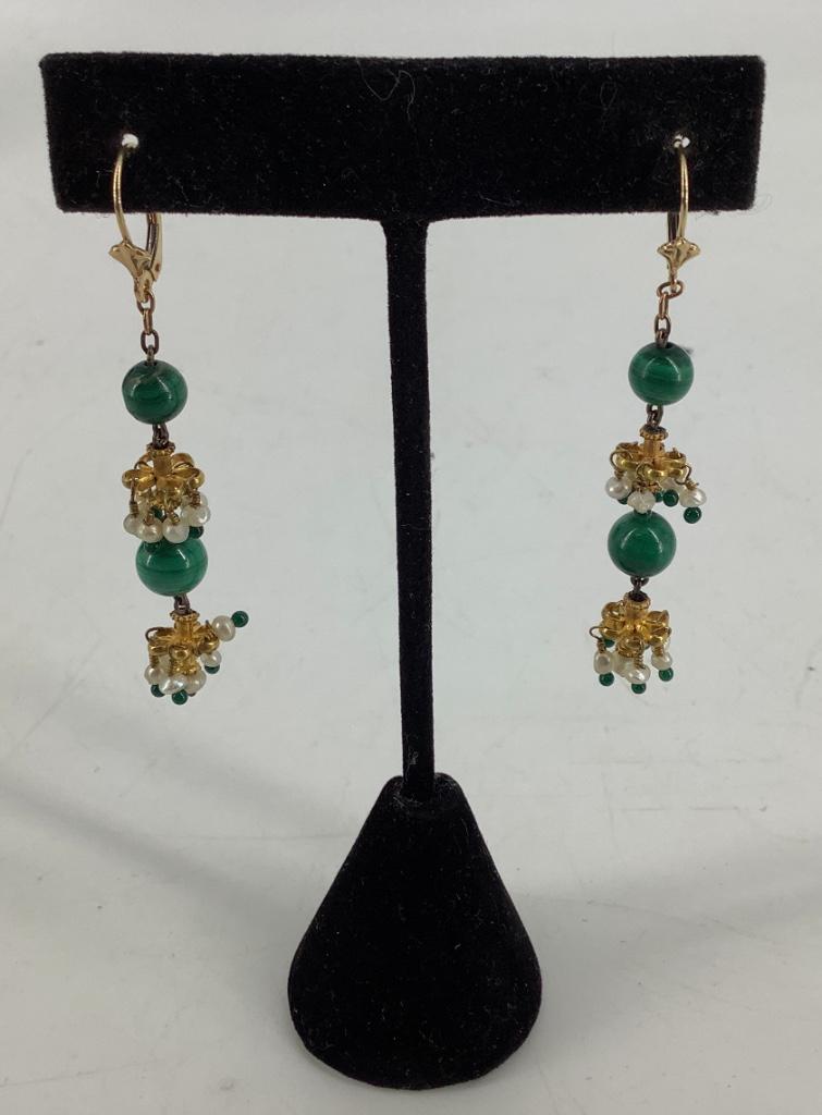 Gold + Malachite and Seed Pearl Earrings: Gold + Malachite and Seed Pearl Earrings 14kt and 18kt gold elements (stamped and tested), 7.5 grams total weight, pierced dangles measuring 2.25" in length with 6.5mm polished malachite stone rounds