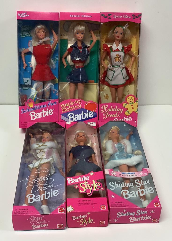 (6) NRFB Barbies including "Barbie Style", "Holiday (1 of 1)