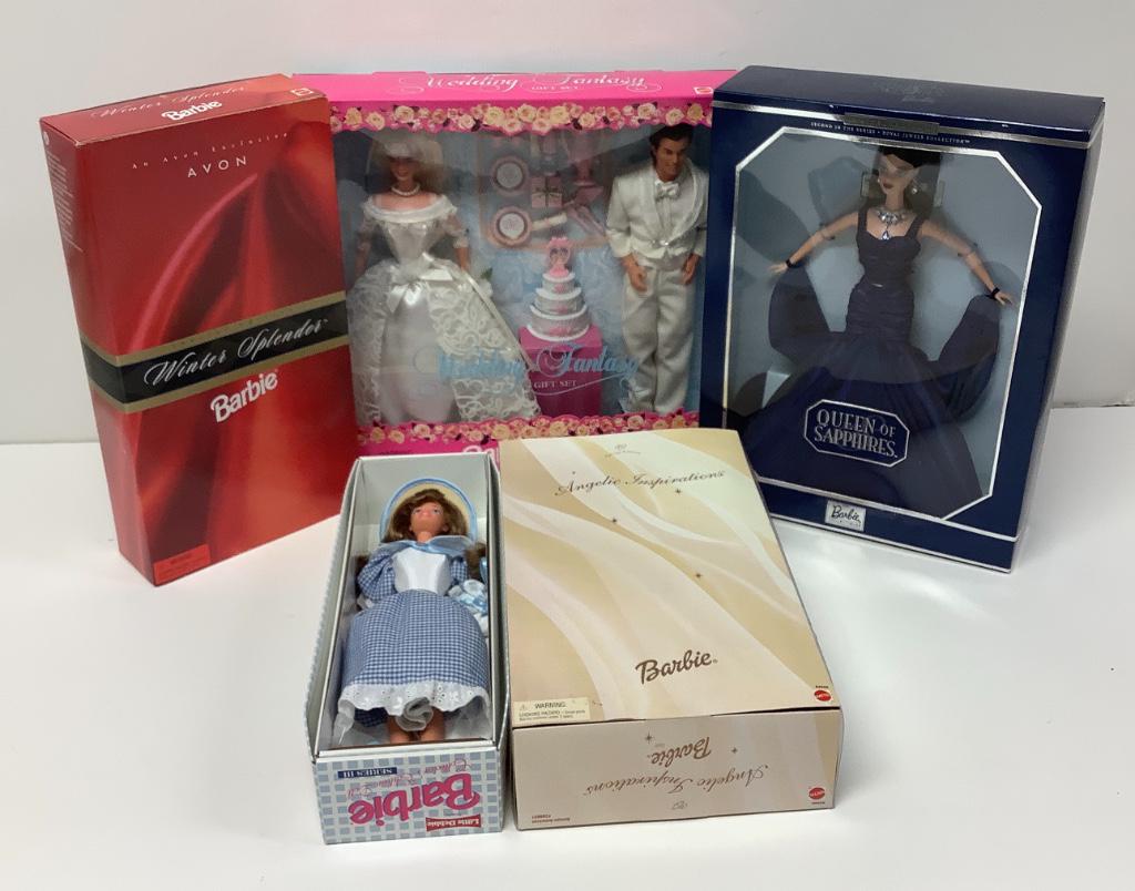 (5) NRFB Barbie and friends including "Wedding Fantasy": (5) NRFB Barbie and friends including "Wedding Fantasy" Barbie & Ken, "Little Debbie" Series III, "Queen of Sapphires", "Winter Splendor" and "Angelic Inspirations".
