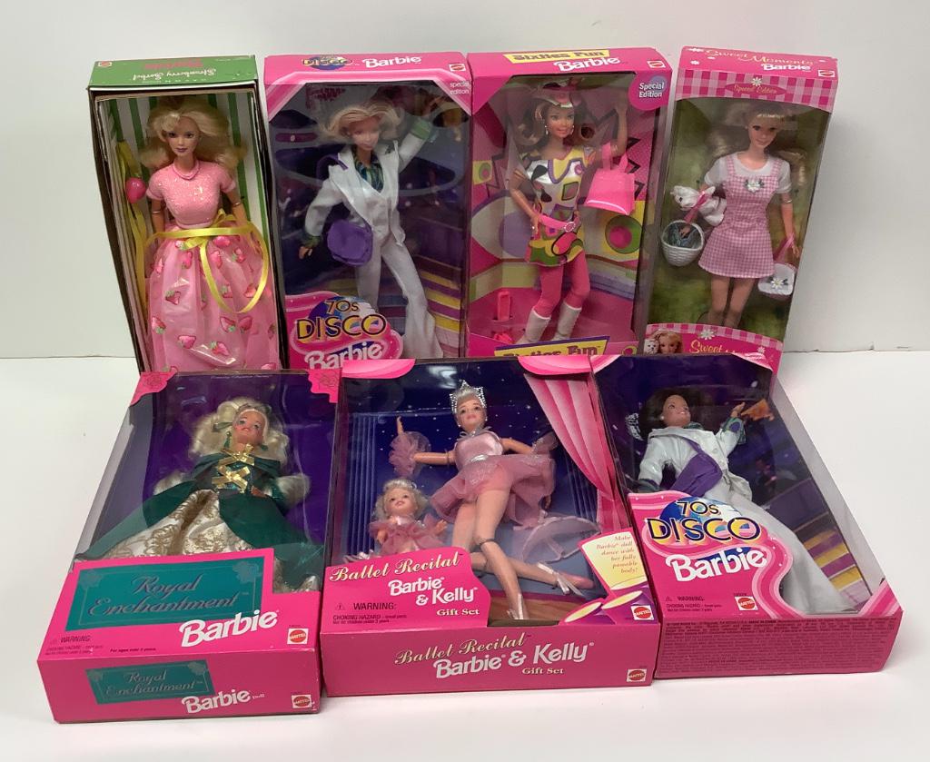 (7) NRFB Barbies including "Sweet Memories", "Sixties: (7) NRFB Barbies including "Sweet Memories", "Sixties Fun", (2) "70's Disco", "Royal Enchantment", "Strawberry Sorbet" and "Ballet Recital" Barbie & Kelly gift set.