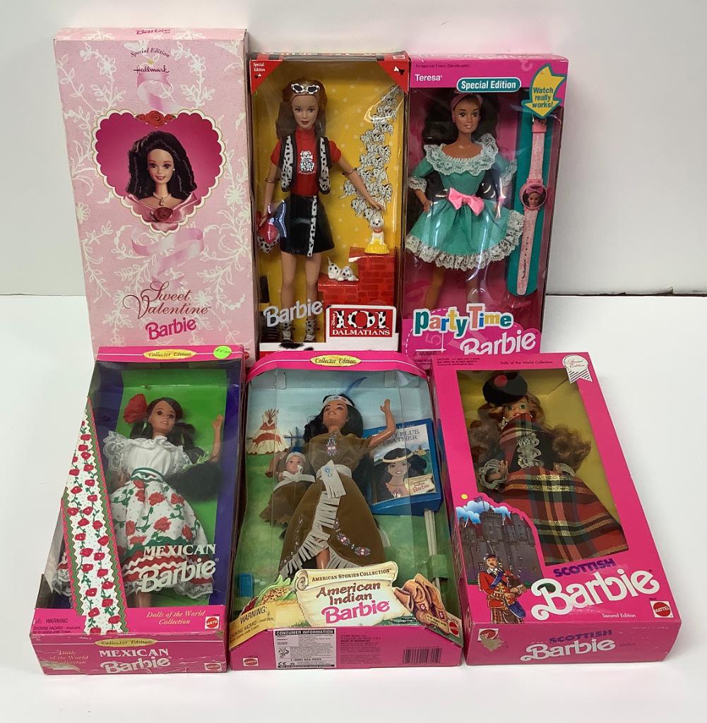 (6) NRFB Barbies including "Party Time", "101: (6) NRFB Barbies including "Party Time", "101 Dalmatians", "Scottish", "Mexican" "American Indian" and "Sweet Valentine".