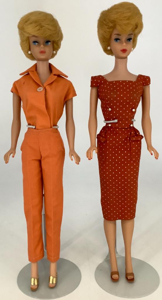 (2) Blonde Bubblecut Barbies. Doll marked "Barbie": (2) Blonde Bubblecut Barbies. Doll marked "Barbie" (1962) wears "PAK Sheath", comes with reproduction shoes, nail and facial paint excellent. Doll marked "Midge/Barbie/Patented" wears PAK Separates an