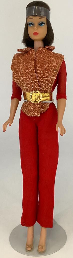 Brunette Long Hair American Girl Barbie. Doll is: Brunette Long Hair American Girl Barbie. Doll is dressed in rare #1034 "Hostess Set" (replaced belt), Slight eyelash ridge retouch, dark red stain and fray on slacks behind right knee. Knee joints wor