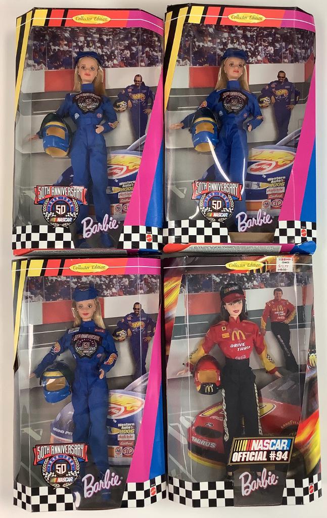 (4) NRFB Nascar Barbies including (3) "50th: (4) NRFB Nascar Barbies including (3) "50th Anniversary" and (1) "Official #94".