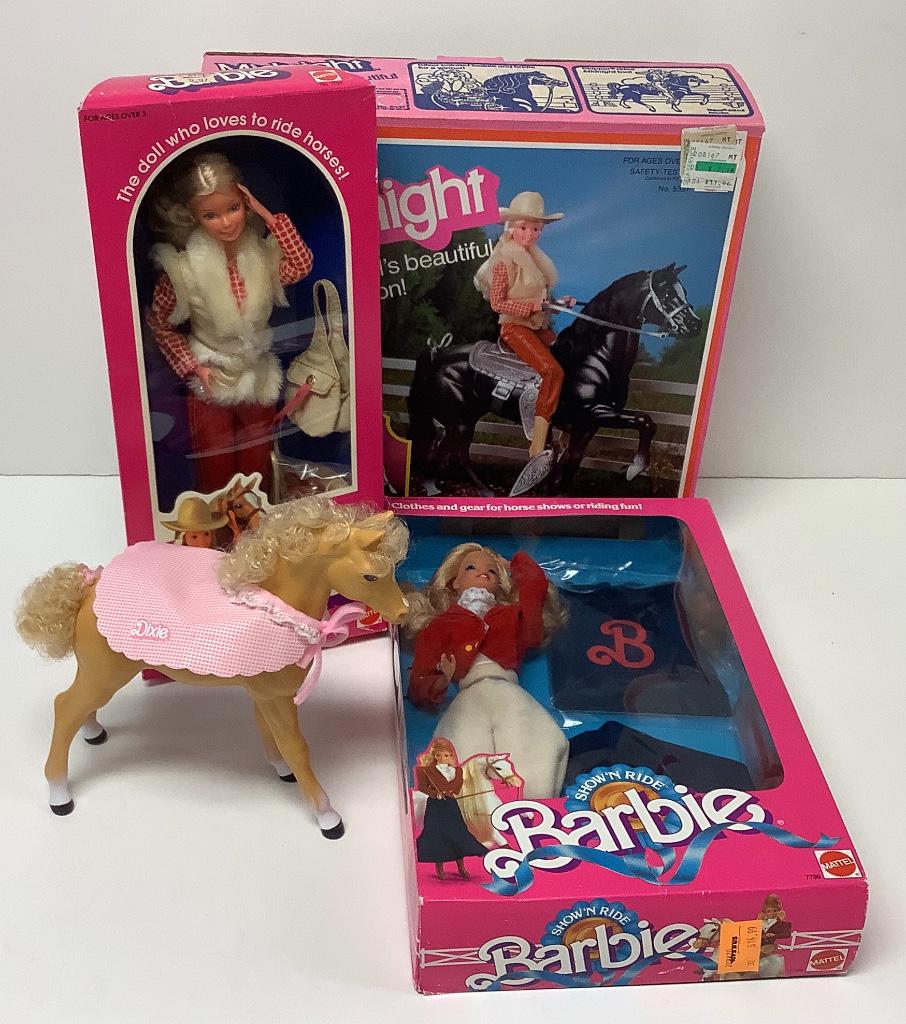 (2) NRFB vintage Barbies including "Show 'n Ride" and: (2) NRFB vintage Barbies including "Show 'n Ride" and "Horse Lovin' " with "Midnight" Barbie's Black Stallion in original box and unboxed Barbie's Dream horse "Dixie".baby palomino.