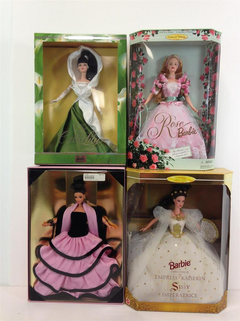 LOT (4) BOXED BARBIES NRFB. INCLUDES "BARBIE AS DANS LE: LOT (4) BOXED BARBIES NRFB. INCLUDES "BARBIE AS DANS LE ROLE DE ALS EMPRESS-KAISERIN SISSY IMPERATRICE", "ESCADA BARBIE", THIRD IN A SERIES FLOWERS IN FASHION COLLECTION "THE CALLA LILY BARBIE" AND FI
