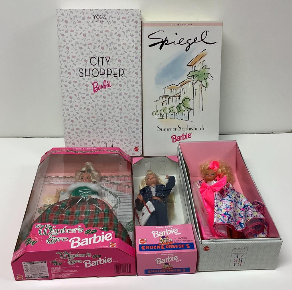 (5) NRFB Barbies including "Chuck E Cheese's", "Summer: (5) NRFB Barbies including "Chuck E Cheese's", "Summer Sophisticate", "Barbie Style", "City Shopper" and "Winter's Eve".