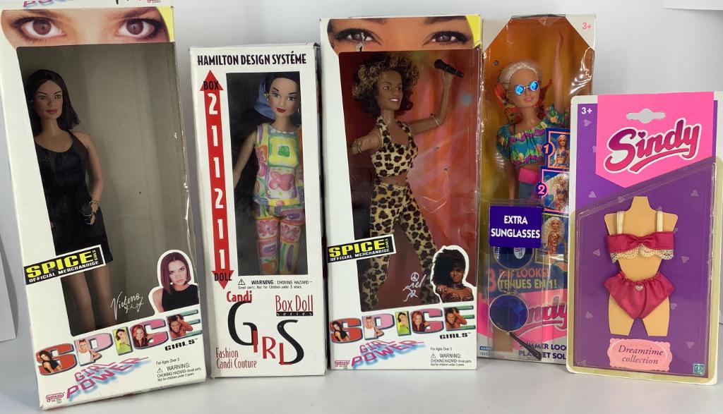 (4) boxed dolls including (2) Spice Girls Victoria &: (4) boxed dolls including (2) Spice Girls Victoria & Melanie Brown, Candi Girls Asian American and Hasbro Sindy "Summer Looks" with extra NRFP Dreamtime fashion.