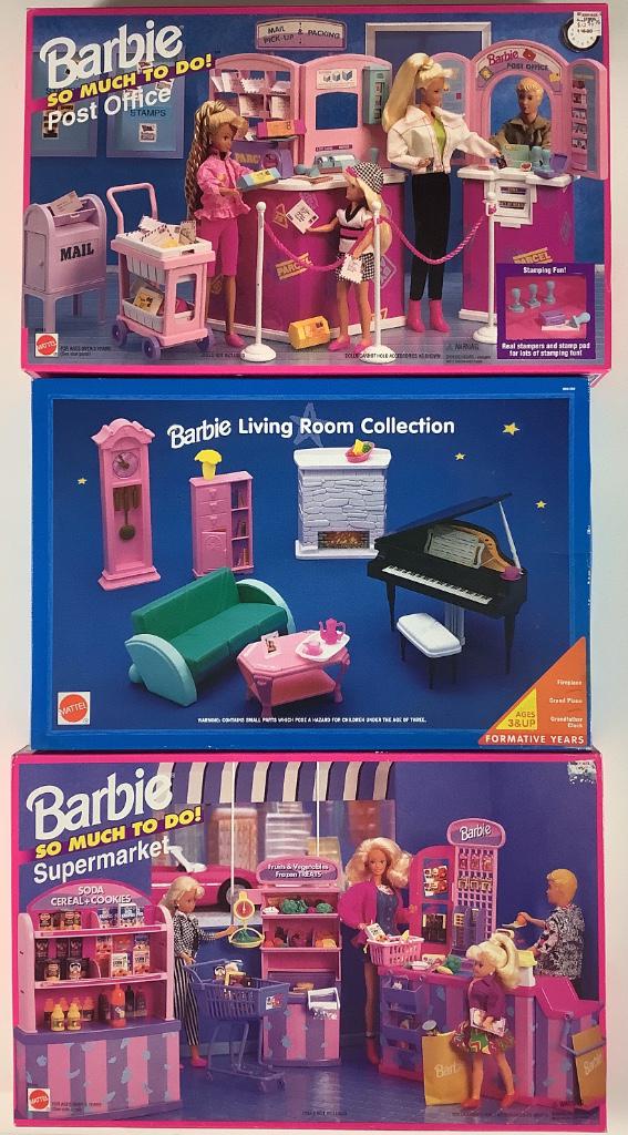 (3) NRFB Barbie sets including "So Much to Do!" Post: (3) NRFB Barbie sets including "So Much to Do!" Post Office and Supermarket and "Living Room Collection".