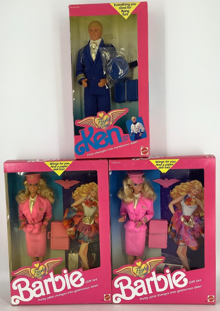 (3) NRFB vintage 1989 "Flight Time" including (2): (3) NRFB vintage 1989 "Flight Time" including (2) Barbie and (1) Ken.