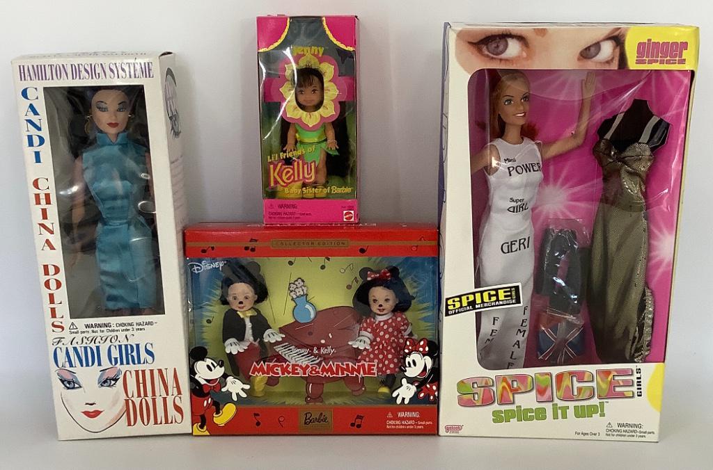 (4) NRFB dolls including Spice Girls "Ginger Spice" by: (4) NRFB dolls including Spice Girls "Ginger Spice" by Galoob, Candi Asian American doll by Hamilton Design and (2) Mattel - Lil' friend of Kelly "Jenny" and Mickey & Minnie (Tommy & Kelly).