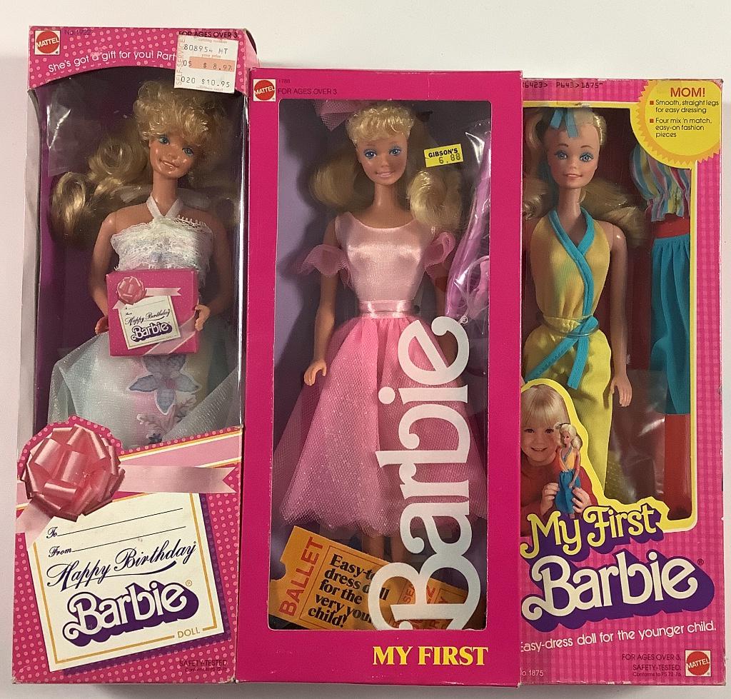 (3) NRFB vintage 1980's made in the Philippines Barbies: (3) NRFB vintage 1980's made in the Philippines Barbies including 1980 "My First Barbie", 1988 "My First Barbie" and 1982 "Happy Birthday". Top flap of 1980 My First Barbie has taped tear repair.