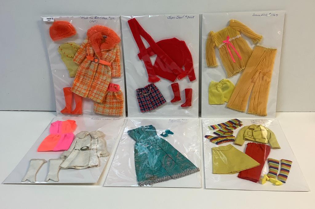 (6) Vintage Barbie fashions including "Made for Each: (6) Vintage Barbie fashions including "Made for Each Other" #1881, "Super Scarf" #3408, "Lemon Kick" #1465 (missing shoes, stain on pants), "Red, White 'n Warm" #1491 (missing ankle chains and hat), "